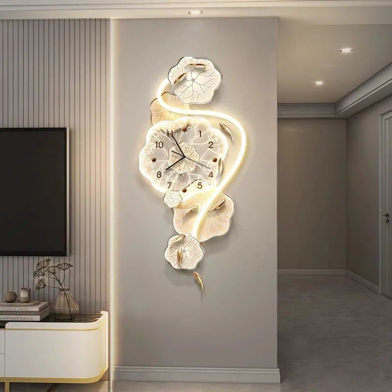 3D Nine Fish Diagram Clock Wall Decor LED Lamp Clock Decoration Painting Modern Wall Dining Room Mural